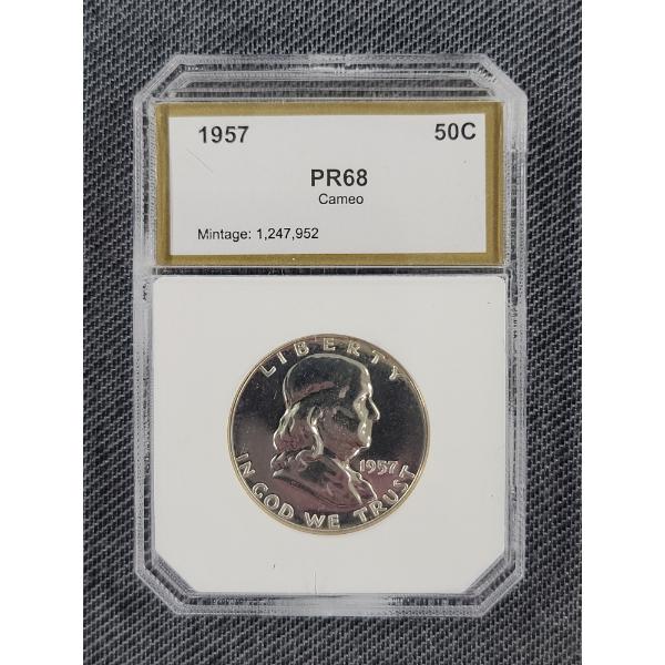PCI Graded PR68 Cameo 1957 Benjamin Franklin US Silver Half Dollar
