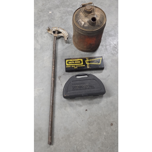 Pipe Bender. 5 Gallon Can, Cordless Screwdriver And Gun Cleaning Tin 