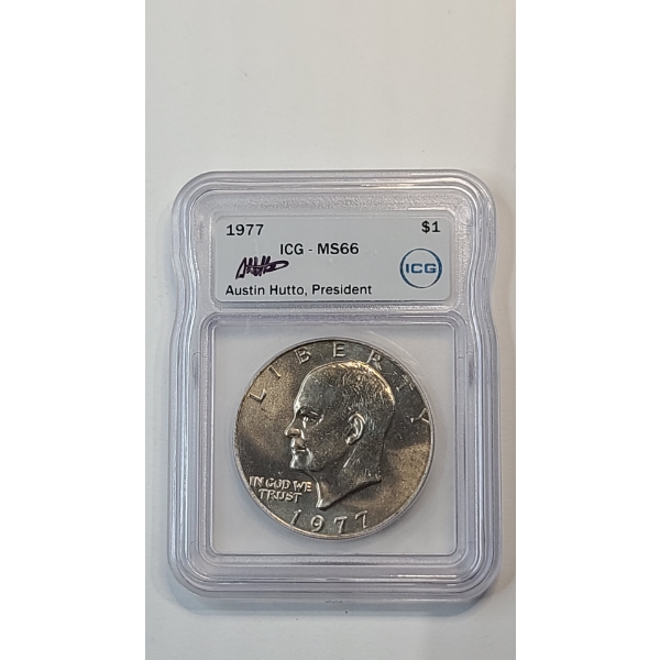 ICG 1977 MS66 Eisenhower Dollar Signed By Austin Hutto ICG President