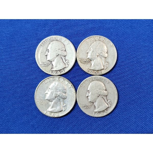 Four Assorted Years Silver Washington Quarters - 90% U.S. Silver - FV: $1.00