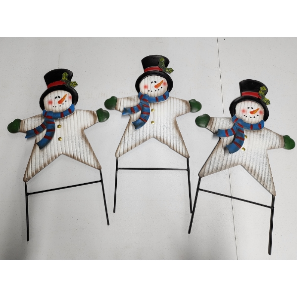 3 Outdoor Metal Christmas/Holiday Snowmen Stakes - Approx. 19in Tall