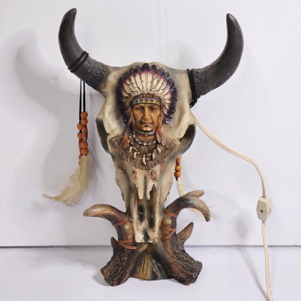 Vintage Toscano Western Desert Sun Native American Chief Cow Skull Accent Lamp