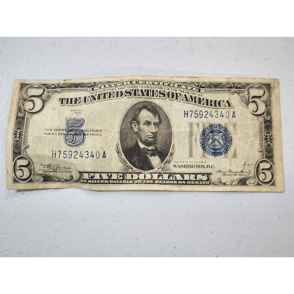 U.S. Series 1934 A $5 Blue Seal Silver Certificate 