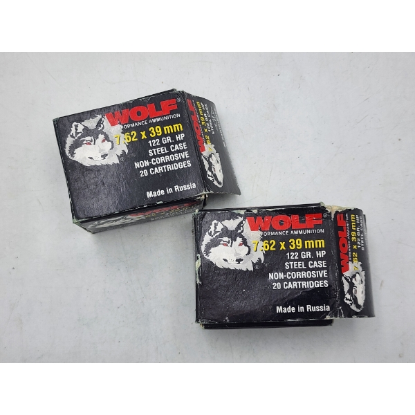 2 Boxes of Wolf 7.62x39mm Rifle Ammunition - 122 Grain HP - Made in Russia