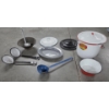Image 1 : Vintage Enamelware Collection Including Pot & Lid, Platter, Bowl With Lid, Laddels, Large Tin Funnel
