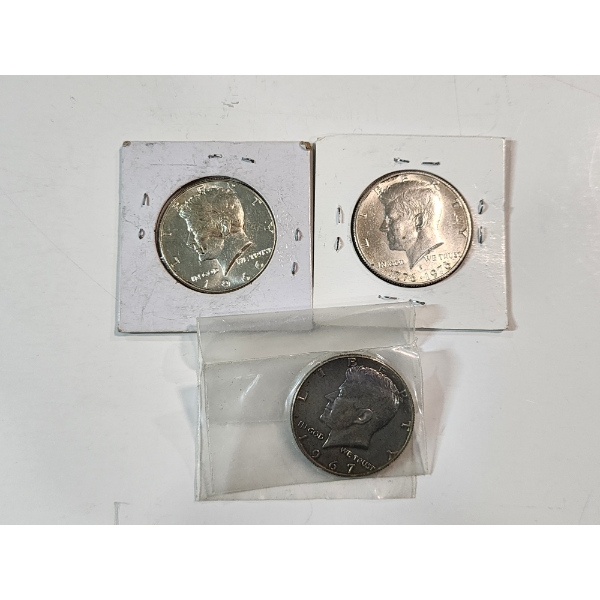 Three 40% Silver Kennedy Half Dollars: 1966, 1976-S Bicentennial, 1967 FV $1.50