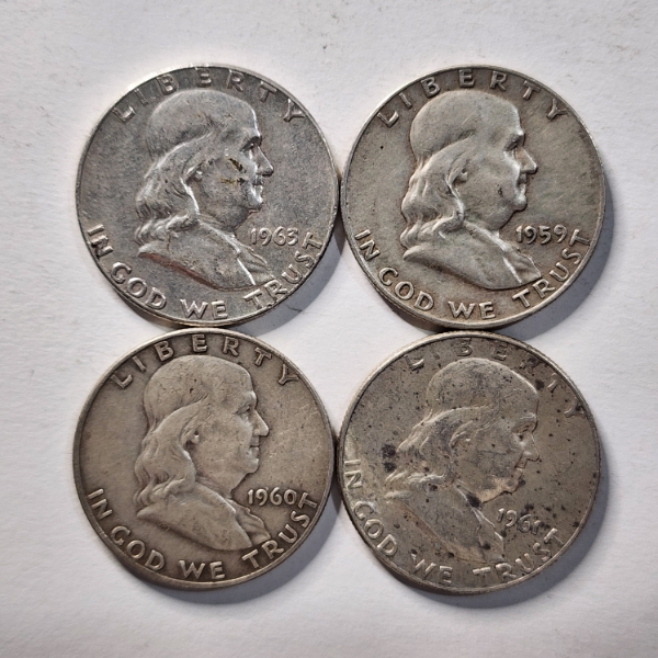Four Assorted United States 90% Silver Franklin Half Dollars ~ $2.00 Face Value