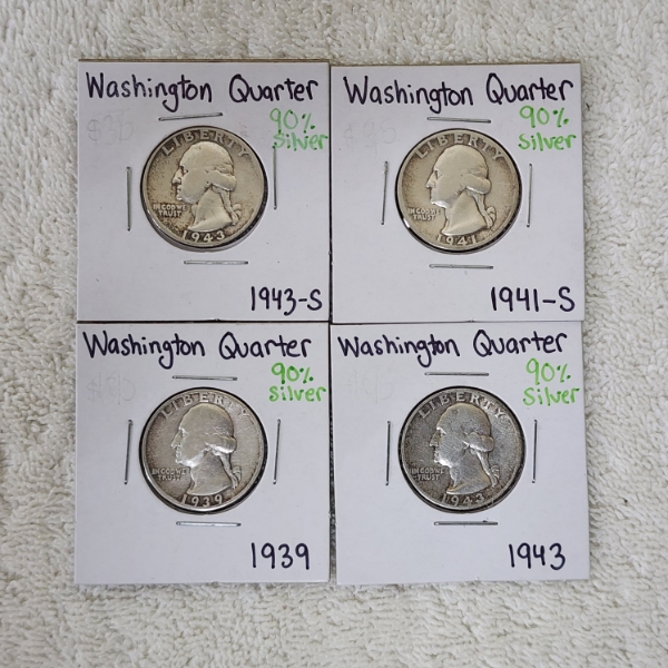 Four Assorted Years 90% SILVER Washington Quarters - Face Value: $1.00