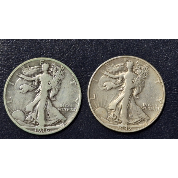 2 pcs  90% Silver Halves -  1936 D / 1937 P  Walking Liberty Half Dollars - See Pictures