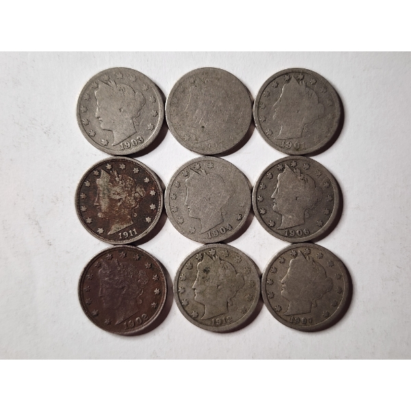 Nine Assorted United States Liberty Head "V" Nickels ~ Face Value of $0.45 