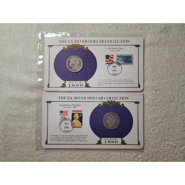 Two U.S. Silver Morgan Dollars in Display Cards & Protective Binder Page - 1890-O & RARE 1880-S 