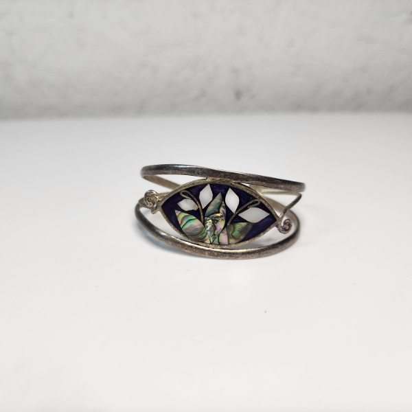 Silver-Tone Cuff Bracelet ft. Oval Central Plaque w/ Abalone/Enamel-Style Floral Design