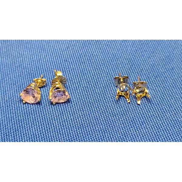(2) Pairs Of 14K Gold Stud Earrings -Heart Shaped Pink Cubic Zirconia Earrings & Open Setting - 1.8g