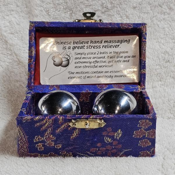 Pair of Chrome Chinese Baoding Stress Exercise Balls with Original Fabric Covered Gift Box