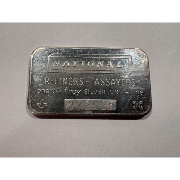 RARE NATIONAL Refiners One Oz Troy Silver .999+ Fine Bar With Serial Number - Outstanding Bar