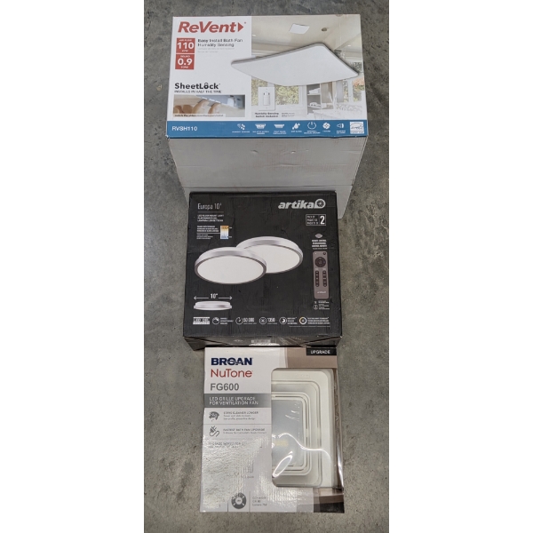 New In Box- Revent Bath Fan. Artika LED Light W Remote, & Broan Vent Fan