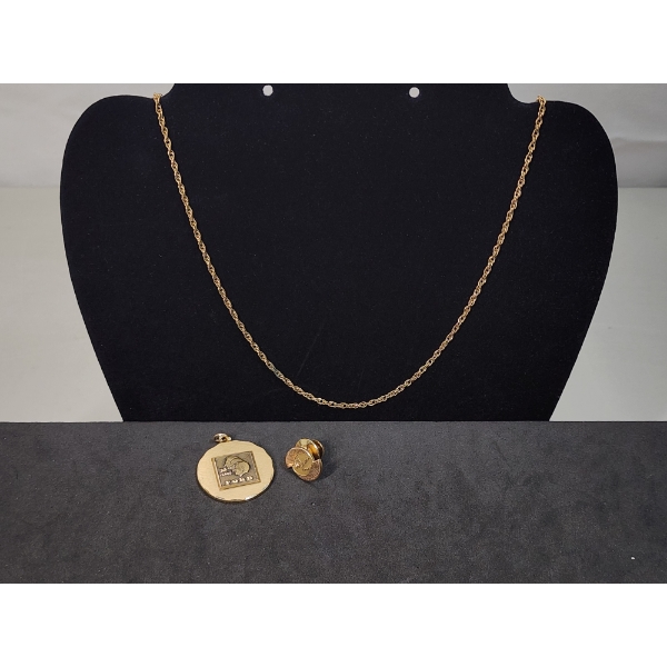 Assorted Gold-Filled Pieces: 30yrs Ford Pendant, 1994 Pin, 24" Chain Necklace TW: 15.7g