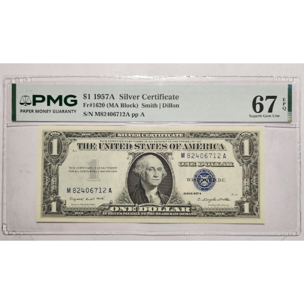 PMG 67 Superb Gem Unc 1957A $1 Silver Certificate Fr#1620 (MA Block) - More Rare!
