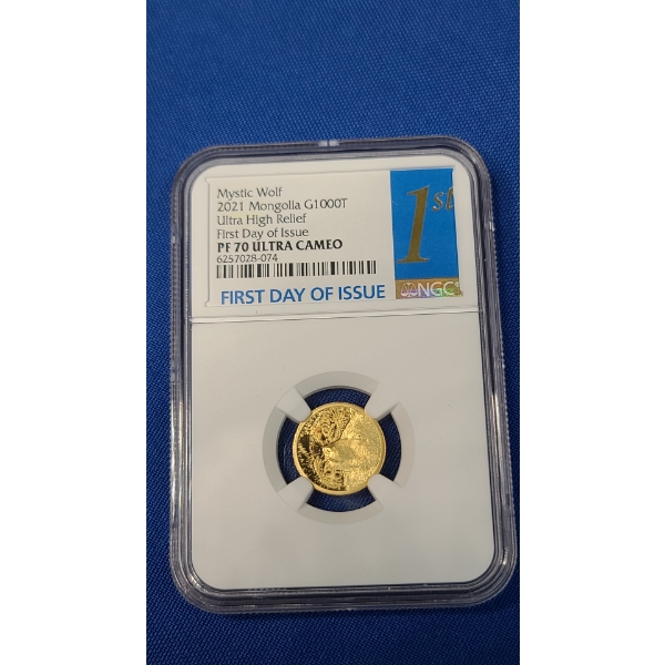 2021 NGC Ultra High Relief 1st Day Issue PF70 Ultra Cameo Mongolia 1000 Togrog Gold Mystic Wolf Coin