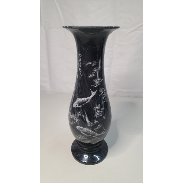Asian Black Marble Bud Vase Etched Koi Fish Design 