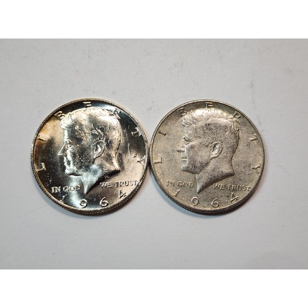 Two 1964 90% Silver Kennedy Half Dollars Face Value: $1.00