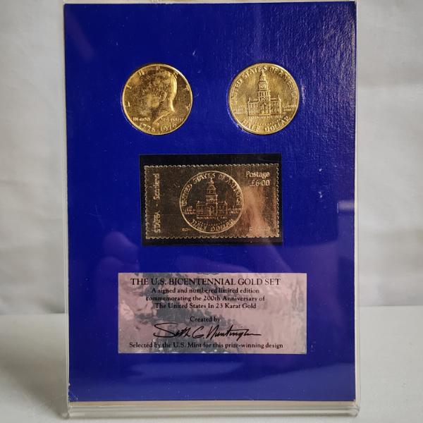 United States Bicentennial Gold Set Display Ft. Two Gold Plated Half Dollars & Gold Stamp