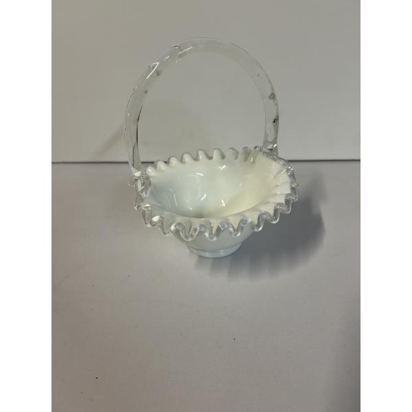 Fenton Glass Dish - Beautiful White Glass Dish - Curled edges with handle 