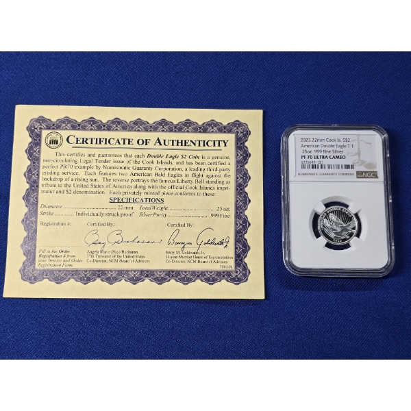 2023 22mm Cook Islands American Double Eagle $2 Coin T-1 PF 70 ULTRA CAMEO .25ozt .999 Fine Silver 