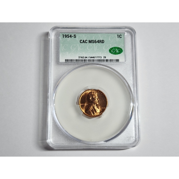 1954-S Wheat Cent CAC MS 64 RD