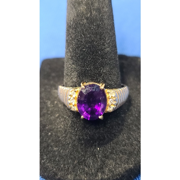 Vintage 14K Gold Amethyst & Diamond Ring - Size 9 - Weight: 4.6g 