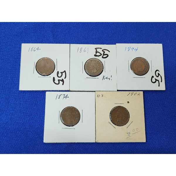 Lot of 5 Indian Head Cents - Including KEY DATES 1861, 1864, 1874