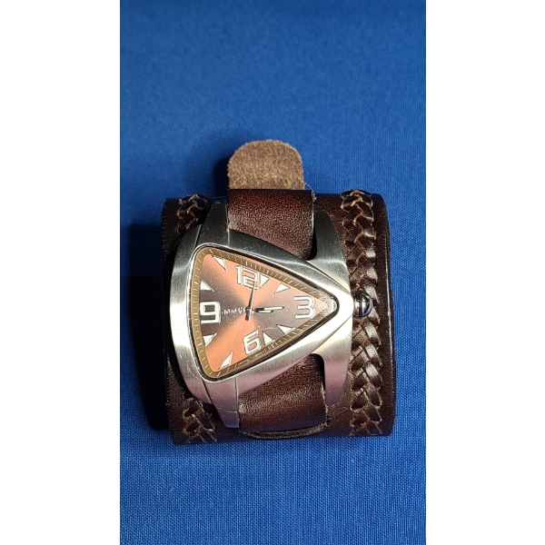 Nemesis Stainless Steel Teardrop Watch With Wide Genuine Leather Cuff Band