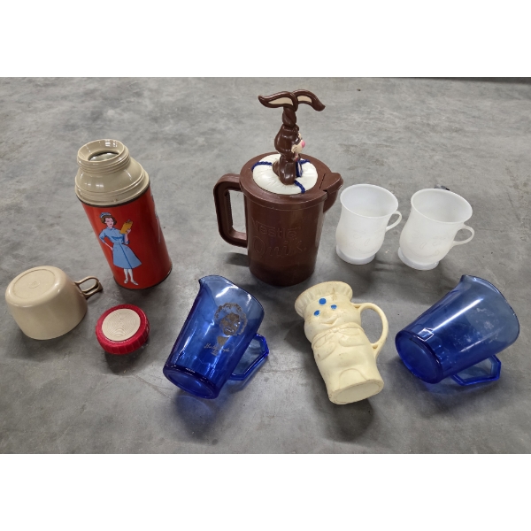 Vintage Collectable Drinkware Including 1963 Nurses Thermos, Kool Aid Man Cups, Glass Shirley Temple