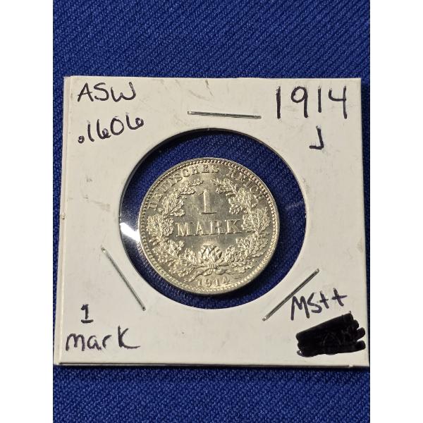 1914- J High-Grade German Empire 1 Mark Silver Coin MS++