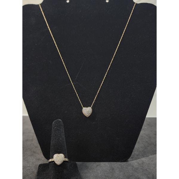 10K Gold Matching Set: 18" Necklace with Heart Pendant & Size 7.5 Ring - TW: 3.4g