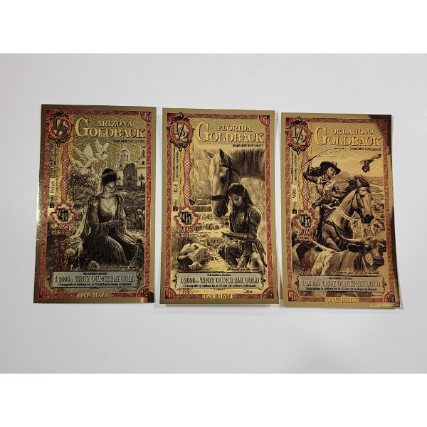 (3) 1/2 Goldback Notes: Arizona, Florida, Oklahoma - Each 1/2000th Troy Ounce 24K Gold