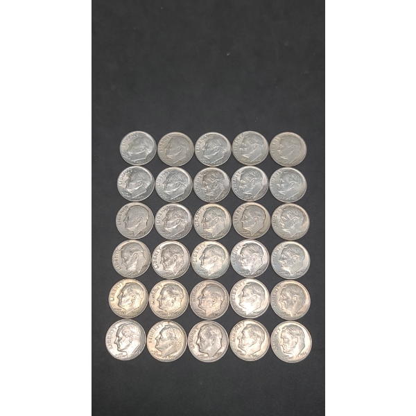 Assorted Years 90% Silver Roosevelt Dimes - Face Value: $3.00