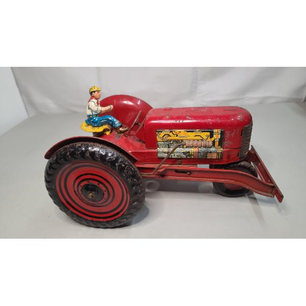 Vintage Red 12" Marx Tin Lithograph Toy Tractor With Plow