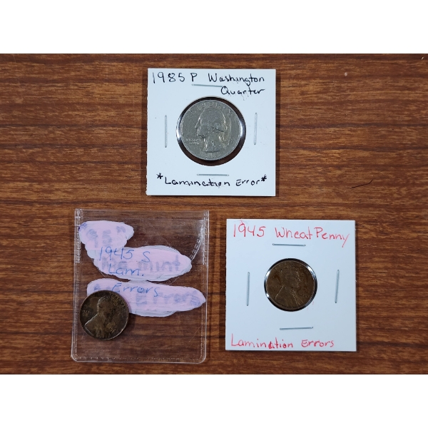 Three United States Mint Error Pennies Featuring Lamination Errors ~ Two Wheat Pennies & A Quarter
