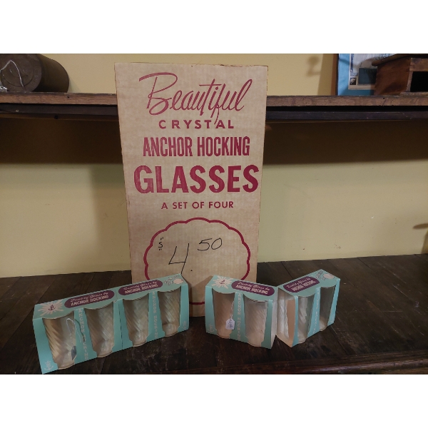 Vintage Anchor Hocking Glassware 23 x 12 Store Poster/Display & Glass Sets As Shown - See Pics