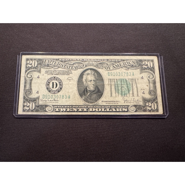 1934 $20 United States Bill - President Jackson In Protective Holder 