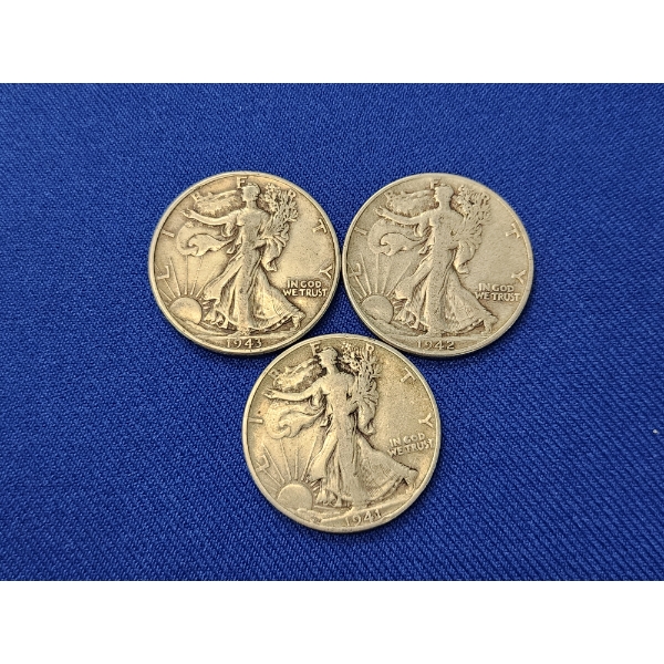 x3 90% Silver Walking Liberty Half Dollars: 1943, 1942, 1941 Face Value: $1.50