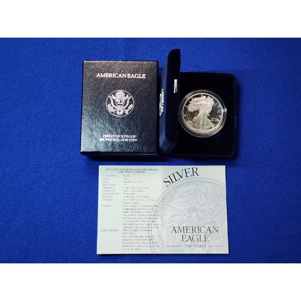 1995 Silver American Eagle $1 Proof - 1 Troy Ounce 99.9% Silver w/ Original Box & COA