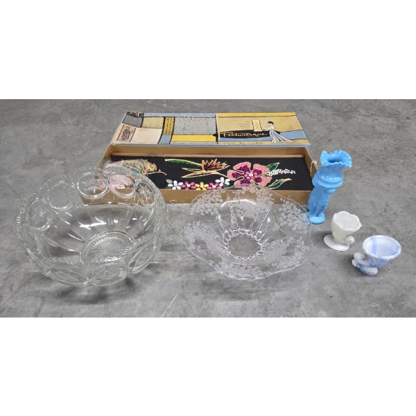 Vintage Decor Including Heavy Glass Fruit Bowl, Etched Glass Serving Bowl, Blue Glass Vase, & More!