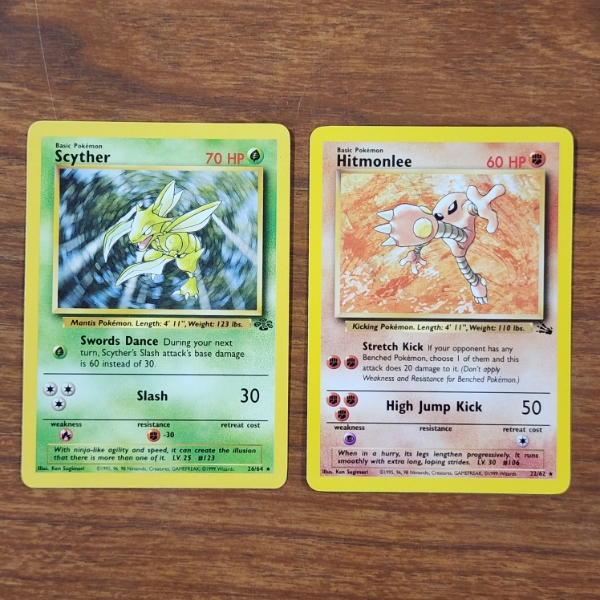 Two Vintage Non Holo Rare Pokemon Trading Cards ~ Scyther From Jungle Set & Hitmonlee From Fossil Se