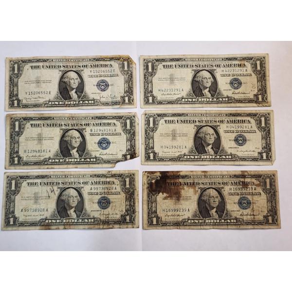 Six Assorted United States $1 Blue Seal Silver Certificates FV: $6.00