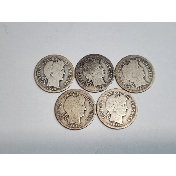 (5) Assorted Years 90% Silver Barber Dimes - FV: $0.50