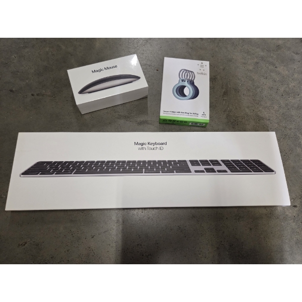 Brand New Apple Items Including Magic Touch Keyboard, 4 Pack Air Tag Key Rings, And Magic Mouse 