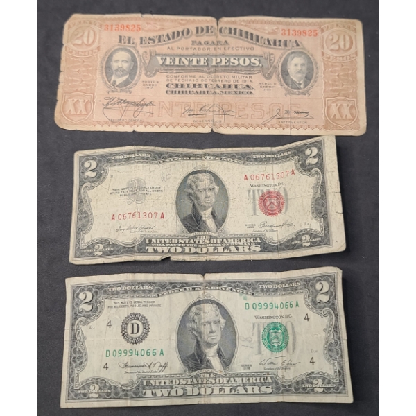 Series 1953 Red Seal $2 Bank Note, Series 1976 Green Seal $2 Bank Note & 20 Pesos Foreign Note