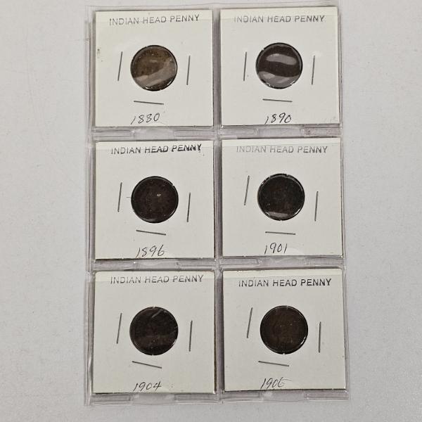 Six United States Indian Head Pennies Ranging From 1880 To 1906